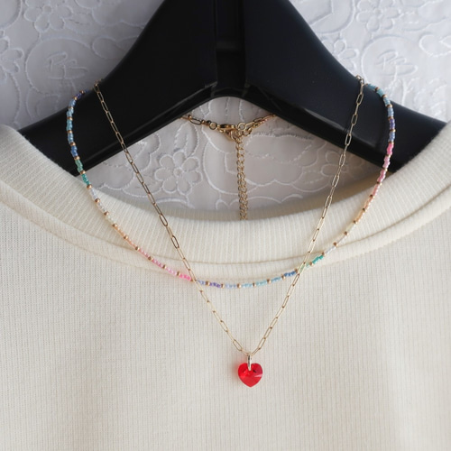 二点セット】ハート型クリスタルネックレス＆マルチカラービーズ