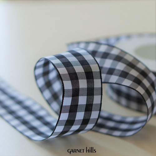はぎれ0.8m】ドイツリボン ギンガムチェック白黒リボン ワイヤー入り