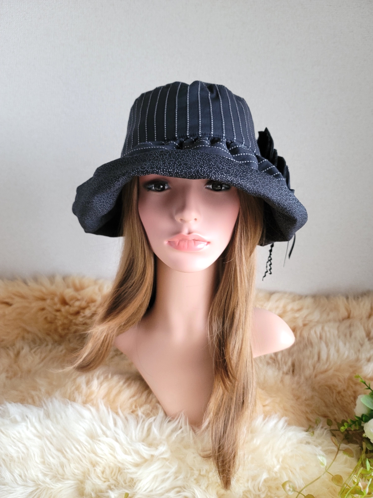 日差しに負けない★ギャザーフリル 帽子★blackカラー