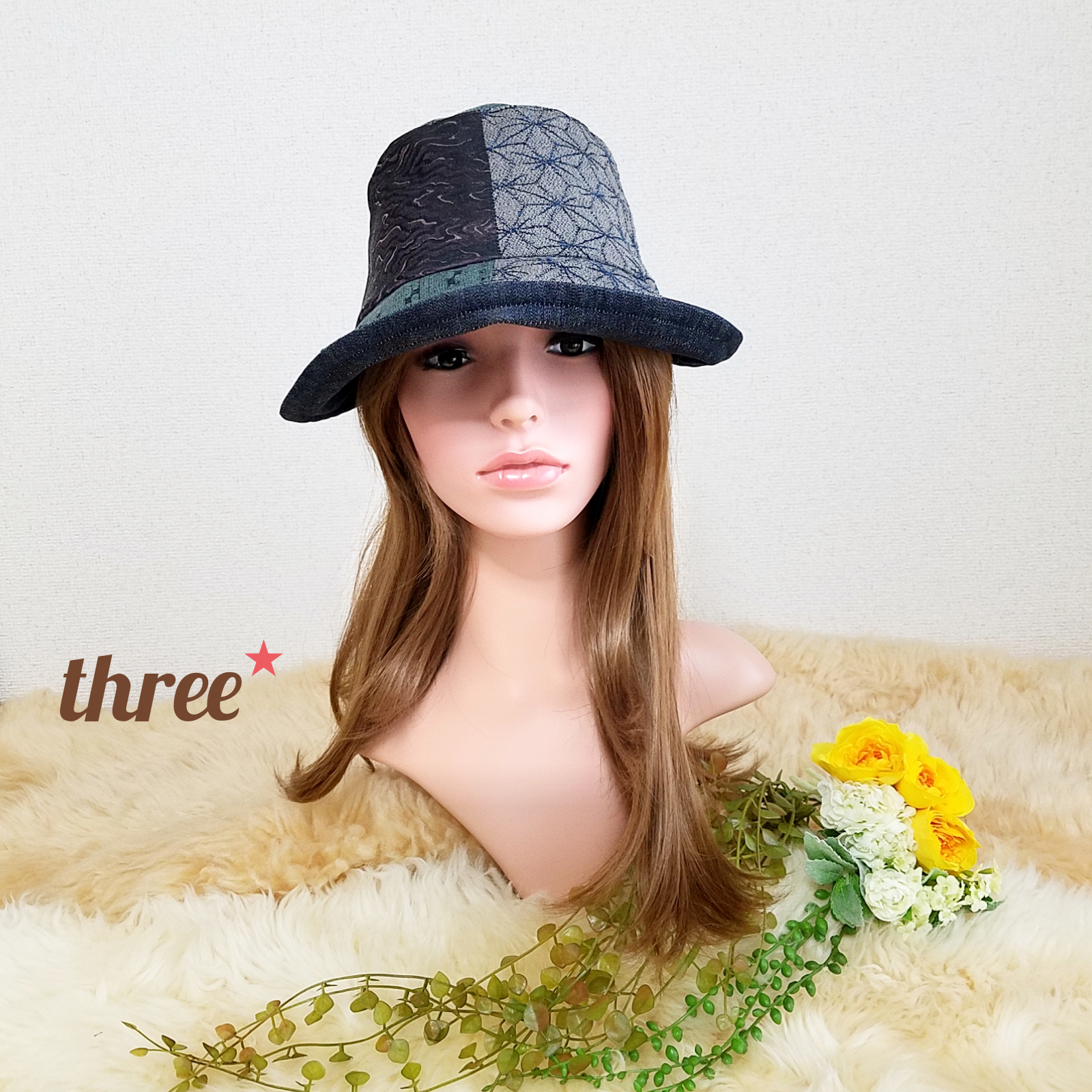 組み合わせ 着物地  つば広 コンパクト 帽子*