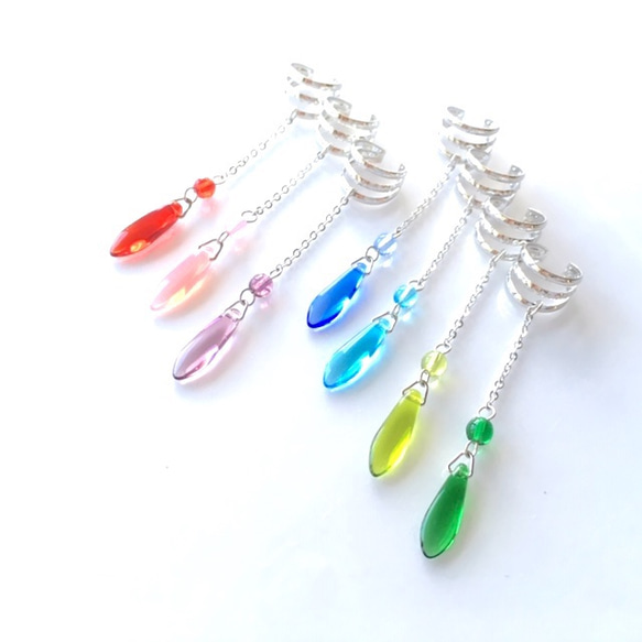 色を選んでね♪ラウンドとダガービーズと３連のイヤーカフ（ゴールド色）／　シャープ　ガラス　夏　涼しげ 8枚目の画像