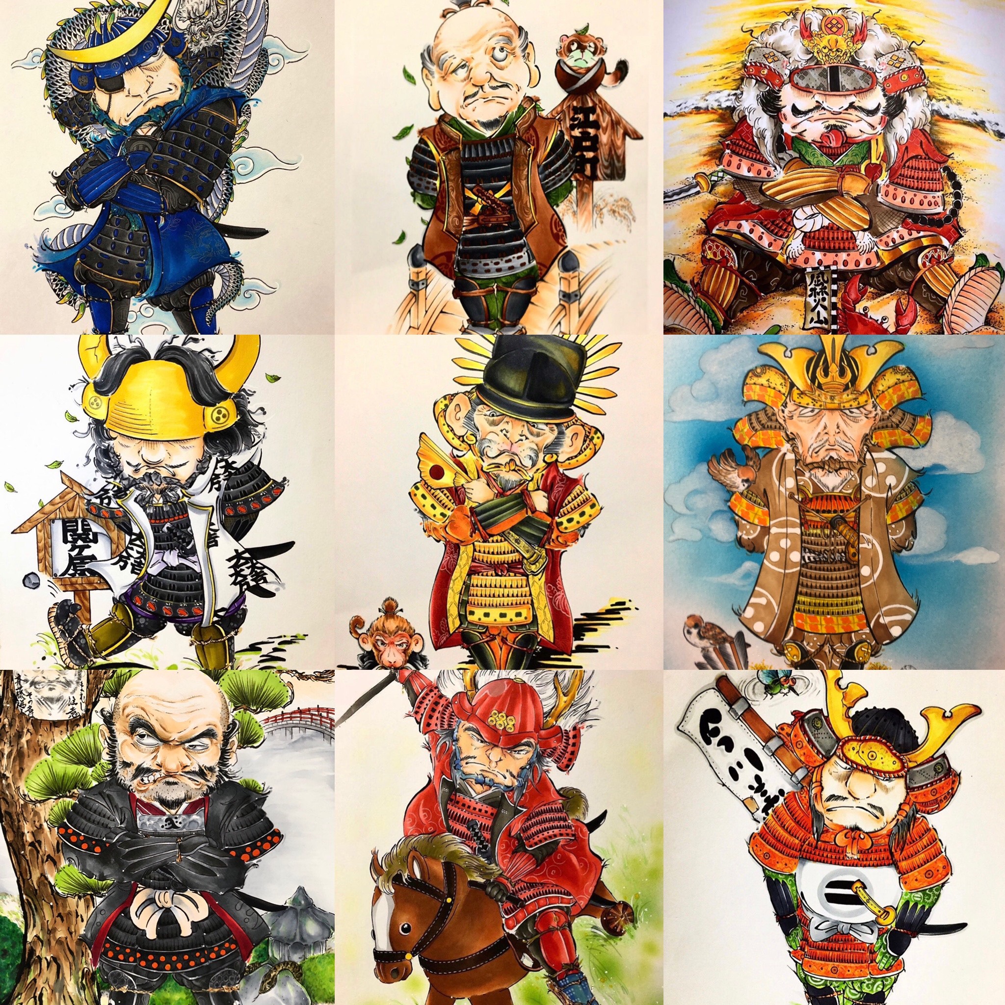 武士（侍）全9枚　【月山家家臣団】　オリジナルイラスト　戦国武将　似顔絵