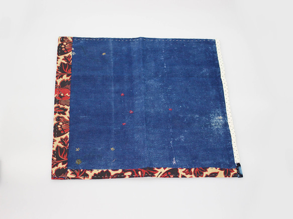昭和の藍染で作った　古代裂（古代ぎれ）手縫い花ふきん11 2枚目の画像