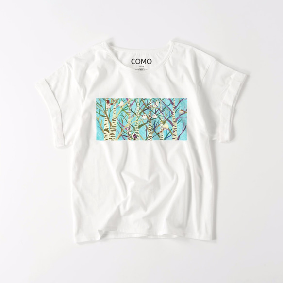 【受注制作】ロールアップTシャツ《白樺並木のシマエナガA》 1枚目の画像