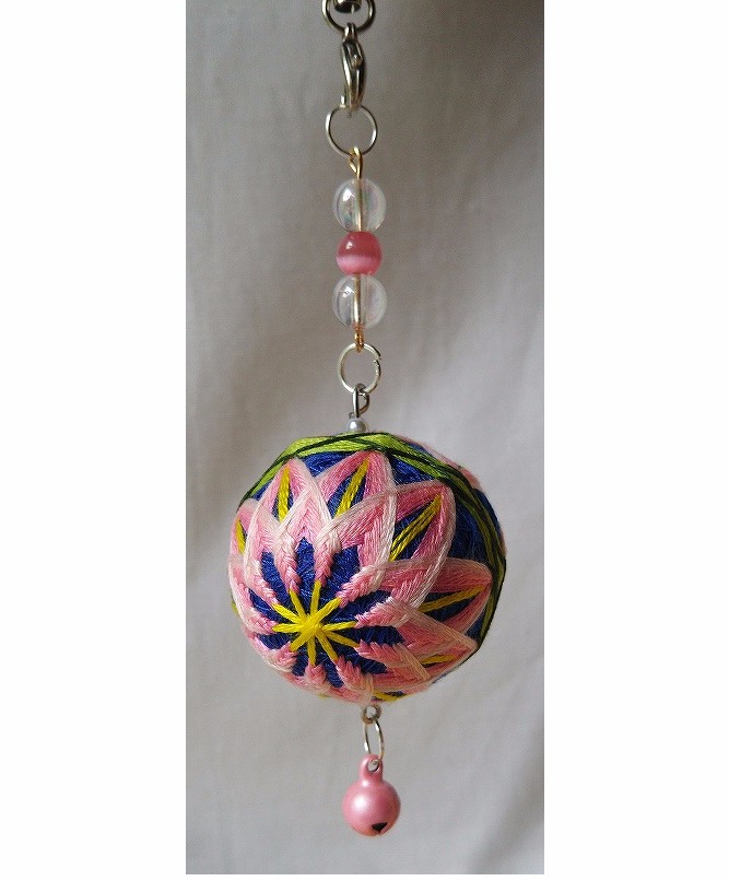 ミニてまりストラップ「菊」青地、ピンク花 手まり 手毬 手鞠