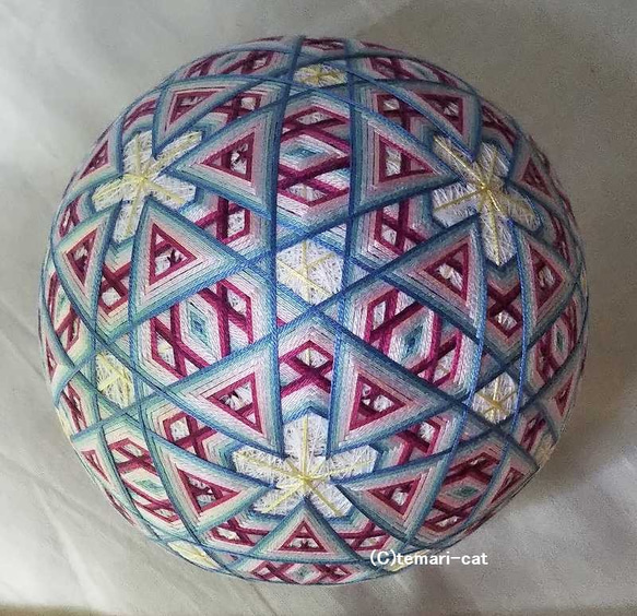 絲綢Temari“星梅梅花”白色背景，藍色，紫色紫色手工製作手繪 第3張的照片