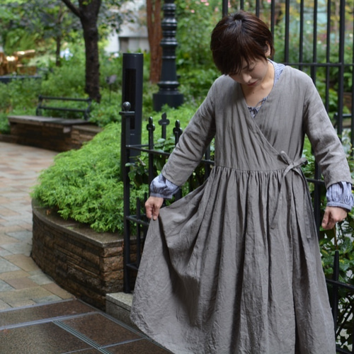 カシュクールワンピース リネン グレー S,Mサイズ ワンピース
