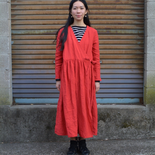 カシュクールワンピース 長袖 リネン 赤 S,Mサイズ ワンピース ago