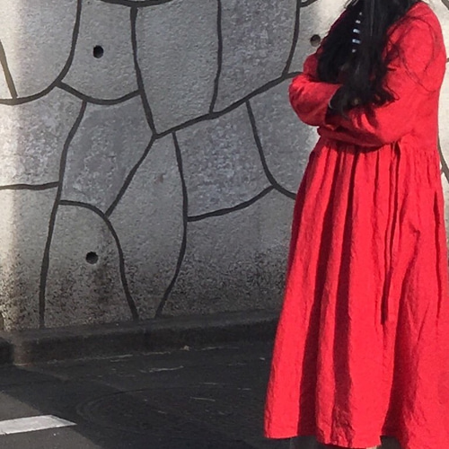 カシュクールワンピース 長袖 リネン 赤 S,Mサイズ ワンピース