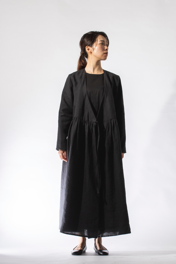 カシュクールワンピース リネン 黒 生地生産終了のため展示です