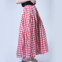 ギンガムチェック　ロングフレアスカート　赤　丈調整可能です 8枚目の画像