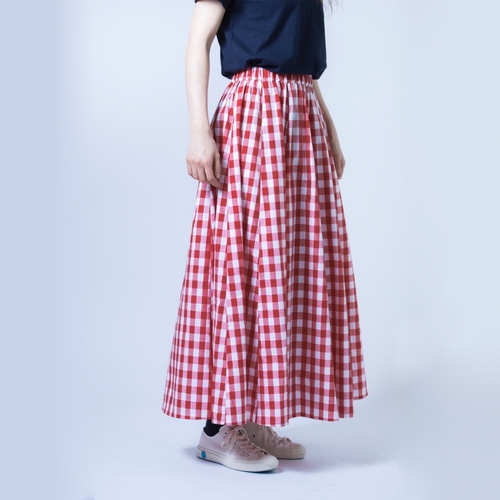 ギンガムチェック ロングフレアスカート12枚はぎ ブルー 丈調整可能