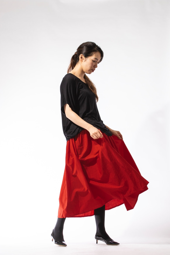 タックギャザースカート　赤　サイズ調整可能　綿ブロード 4枚目の画像