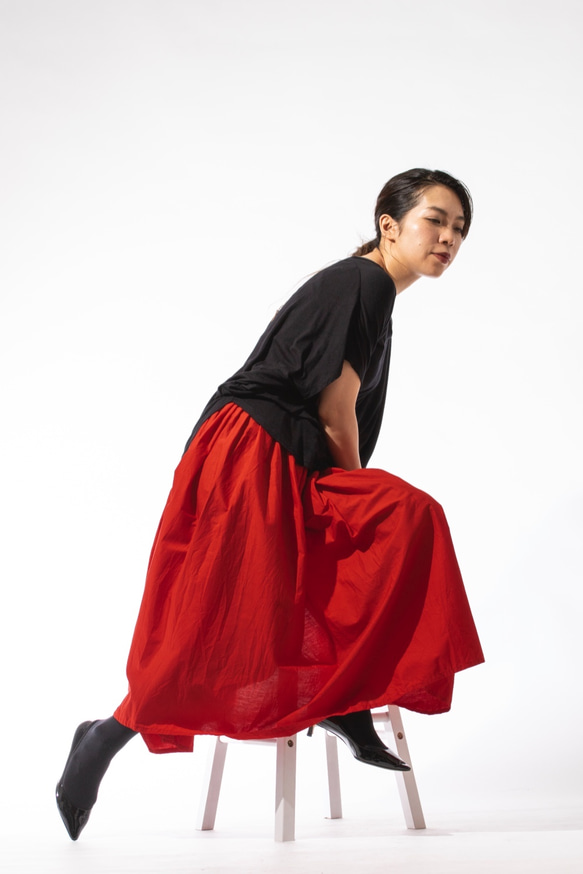 タックギャザースカート　赤　サイズ調整可能　綿ブロード 7枚目の画像