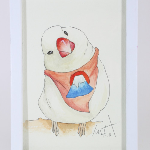 水彩画《富士山と文鳥》ハガキサイズ【送料込み】 絵画 mitsuki