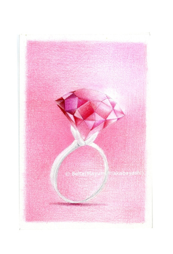 【原画】　色鉛筆画　幸せのピンクの指輪 1枚目の画像