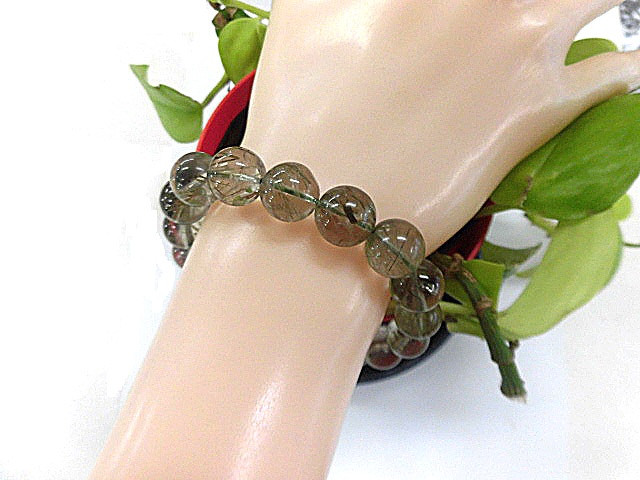 天然石 グリーンルチルクォーツ11～12mm玉ブレスレット 内周19.1cm 　　200720855 10,000円