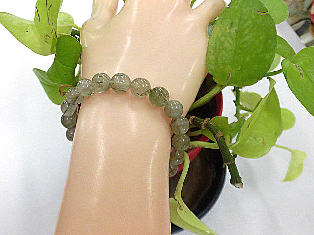 天然石 グリーンルチルクォーツ9mm玉ブレスレット 内周18.5cm 　　200720864