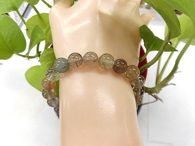 天然石 ルチルクォーツ (多彩針) 8.5〜9.0mm玉ブレスレット 内周18.5cm　　　211221184