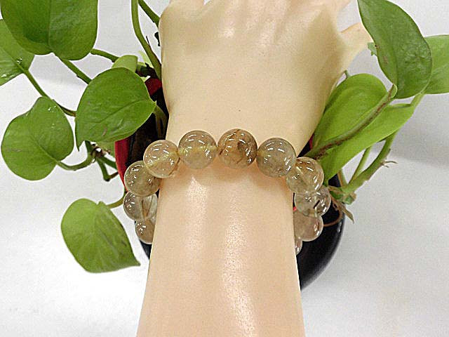 天然石 金針ルチルクォーツ12.0～12.5mm玉ブレスレット 内周16.5cm　　　211221260