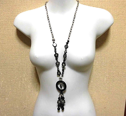 天然石 オニキス＋水晶ロングネックレス 　　171221915