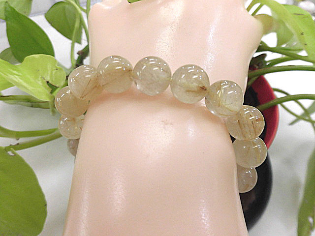 天然石 金針ルチルクォーツ10.5mm玉ブレスレット 内周18.5cm　　　190312025