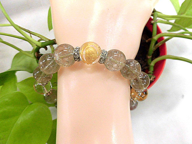 天然石 金針ルチルクォーツ+水晶四神12mm玉ブレスレット 内周19cm　　 190312181
