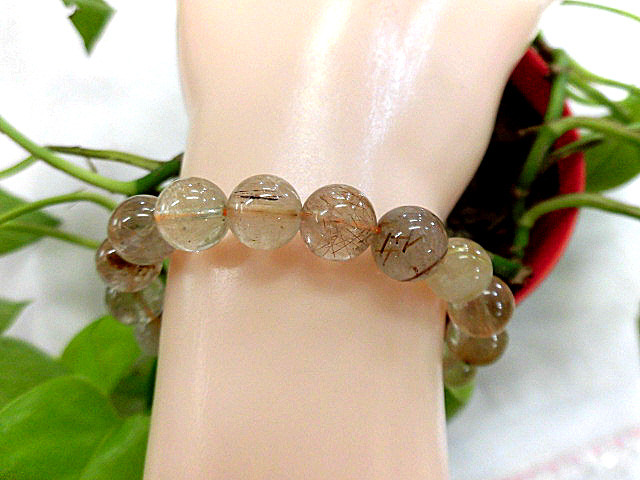 天然石 金・銅針ルチルクォーツ9.0〜10.0mm玉ブレスレット 内周16.9cm　　 190312190