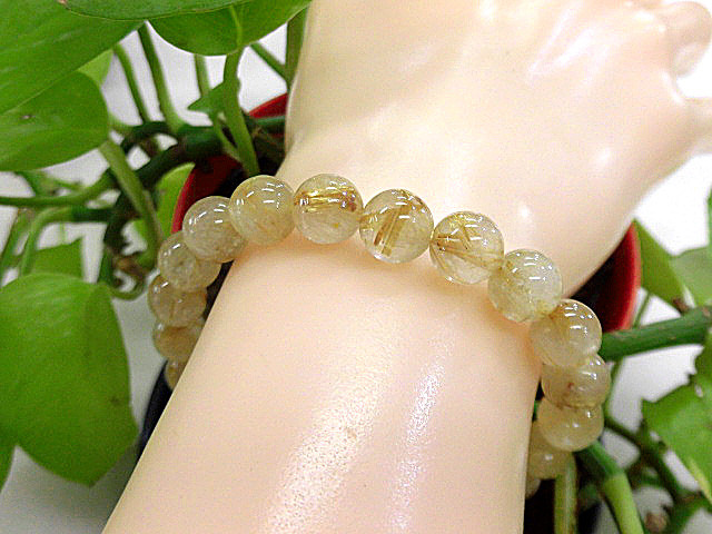天然石 金針ルチルクォーツ9ｍｍ玉ブレスレット 内周18.9cm　　　190312280