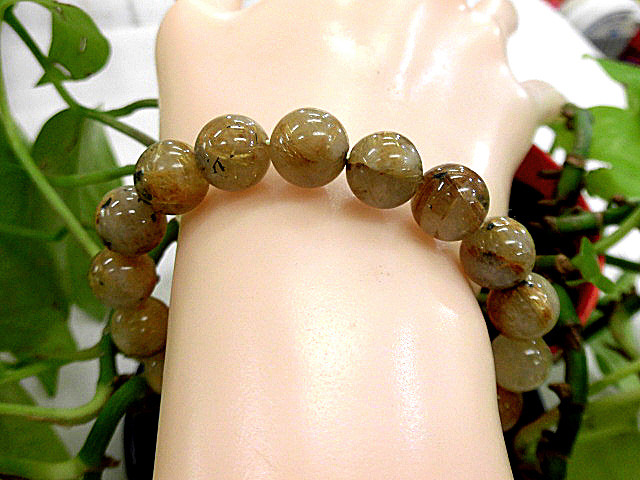 天然石 訳あり 金針ルチルクォーツ11ｍｍ玉ブレスレット 内周18.5cm　　　190312286