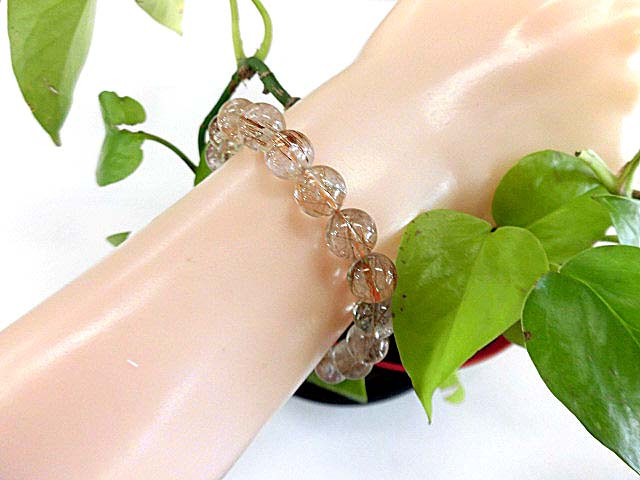 天然石 銅針ルチルクォーツ9.5mm玉ブレスレット 内周18.4cm