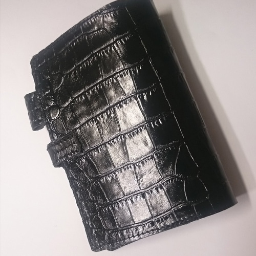 クロコダイル型押し ブラック牛本革 B6判手帳.ノートカバー 手帳