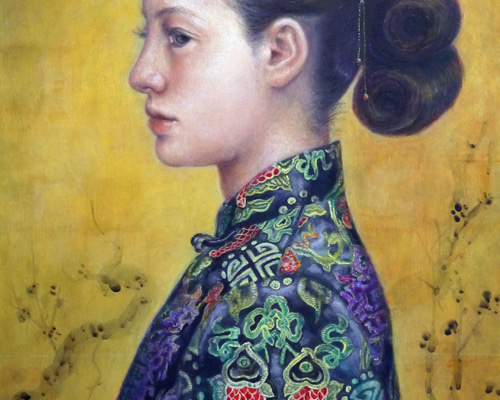 肉筆　額縁　油絵　人物　チャイナドレス女性 1_672e2635bb84f827d50f290cceb0