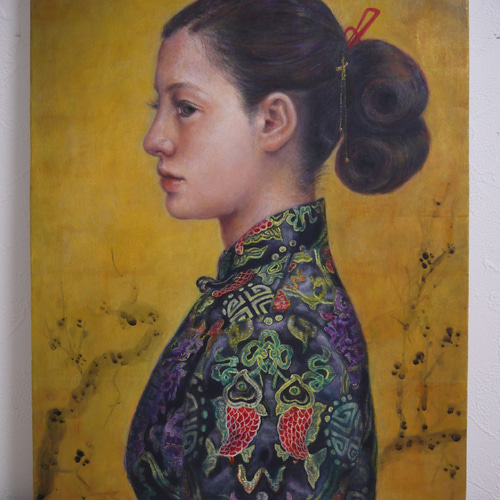 古い屏風とチャイナドレス【油絵原画額縁付き】 絵画 葵 風紗（あおい