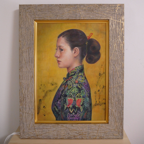 古い屏風とチャイナドレス【油絵原画額縁付き】 絵画 葵 風紗（あおい
