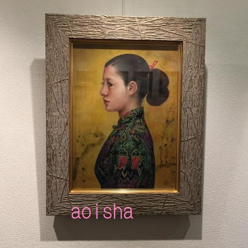 古い屏風とチャイナドレス【油絵原画額縁付き】 絵画 葵 風紗（あおい