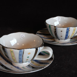 数量限定ハンドメイド2019　２１、上絵紅茶碗皿C,D（ペア） 1枚目の画像