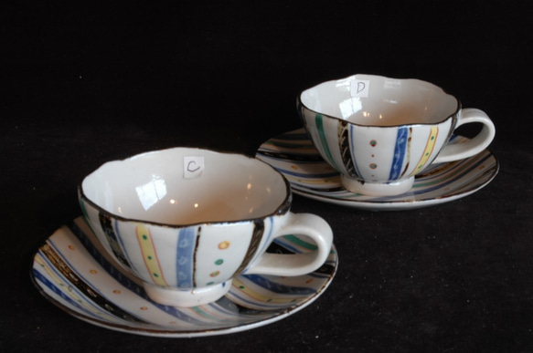 数量限定ハンドメイド2019　２１、上絵紅茶碗皿C,D（ペア） 1枚目の画像