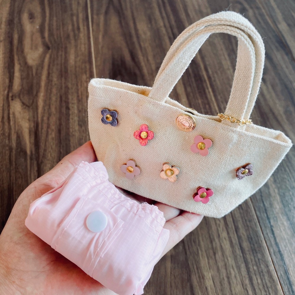 エコバッグ入り】ミニトート型バッグチャーム(Bagホワイト・花