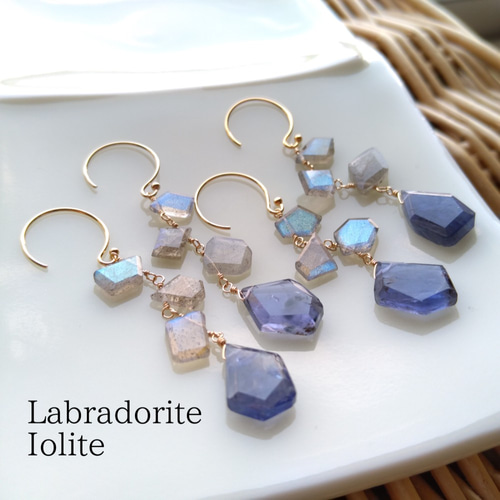sold☆再販×⑥】アイオライト×ラブラドライト ロングピアス 14kgf 