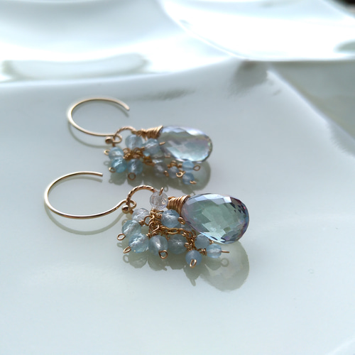 一点限り】宝石質アクアマリン×ミスティッククォーツ ピアス 14kgf  