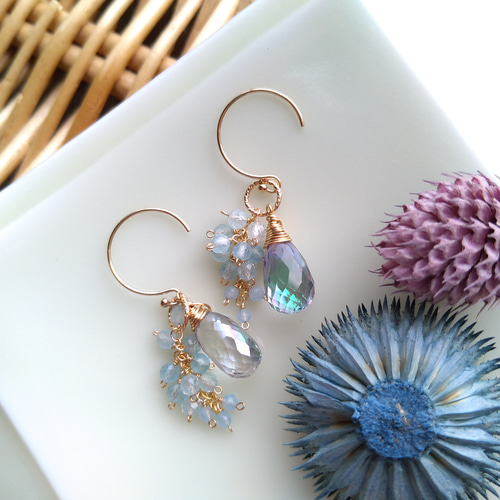 一点限り】宝石質アクアマリン×ミスティッククォーツ ピアス 14kgf  