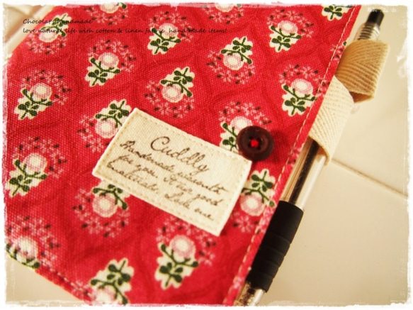 ほぼ日手帳カバー*オリジナルサイズ　RED　赤小花　小紋柄ｘタグ　北欧風 2枚目の画像