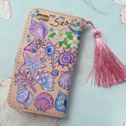 アイフォンケース ヌメ革 iPhone5,5s  SE. シェルとサンゴと人魚とヒトデ 4枚目の画像