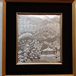 琳和 和風  アート プラチナ銀箔二重織雲に金閣寺 額縁 2枚目の画像