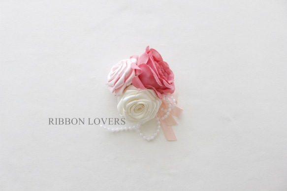 【リボンの薔薇・送料無料】コサージュ ﾋﾟﾝｸ③ 小 1枚目の画像