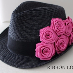 【セール！】リボンの薔薇の夏の帽子(ﾌﾞﾗｯｸ＆ﾋﾟﾝｸ) 3枚目の画像