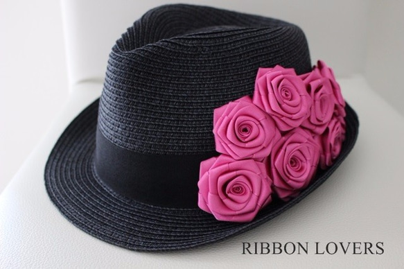 【セール！】リボンの薔薇の夏の帽子(ﾌﾞﾗｯｸ＆ﾋﾟﾝｸ) 3枚目の画像
