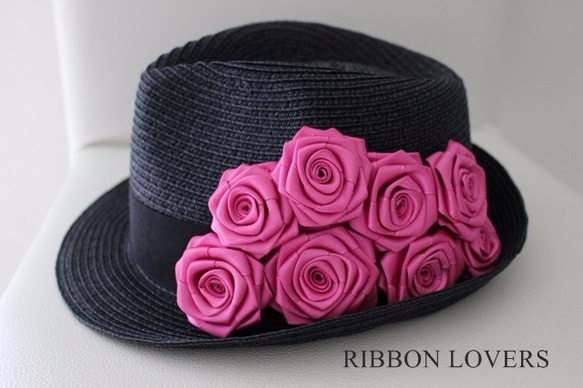 【セール！】リボンの薔薇の夏の帽子(ﾌﾞﾗｯｸ＆ﾋﾟﾝｸ) 4枚目の画像