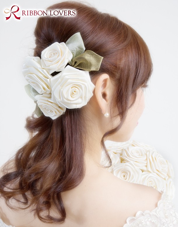 【オーダー受付】リボンの薔薇のヘッドピース(パールホワイト)